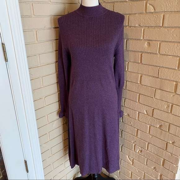 April Cornell Soft Ruffle Sleeve Mock Neck Purple Midi Dress Romantic Large L - Picture 1 of 8